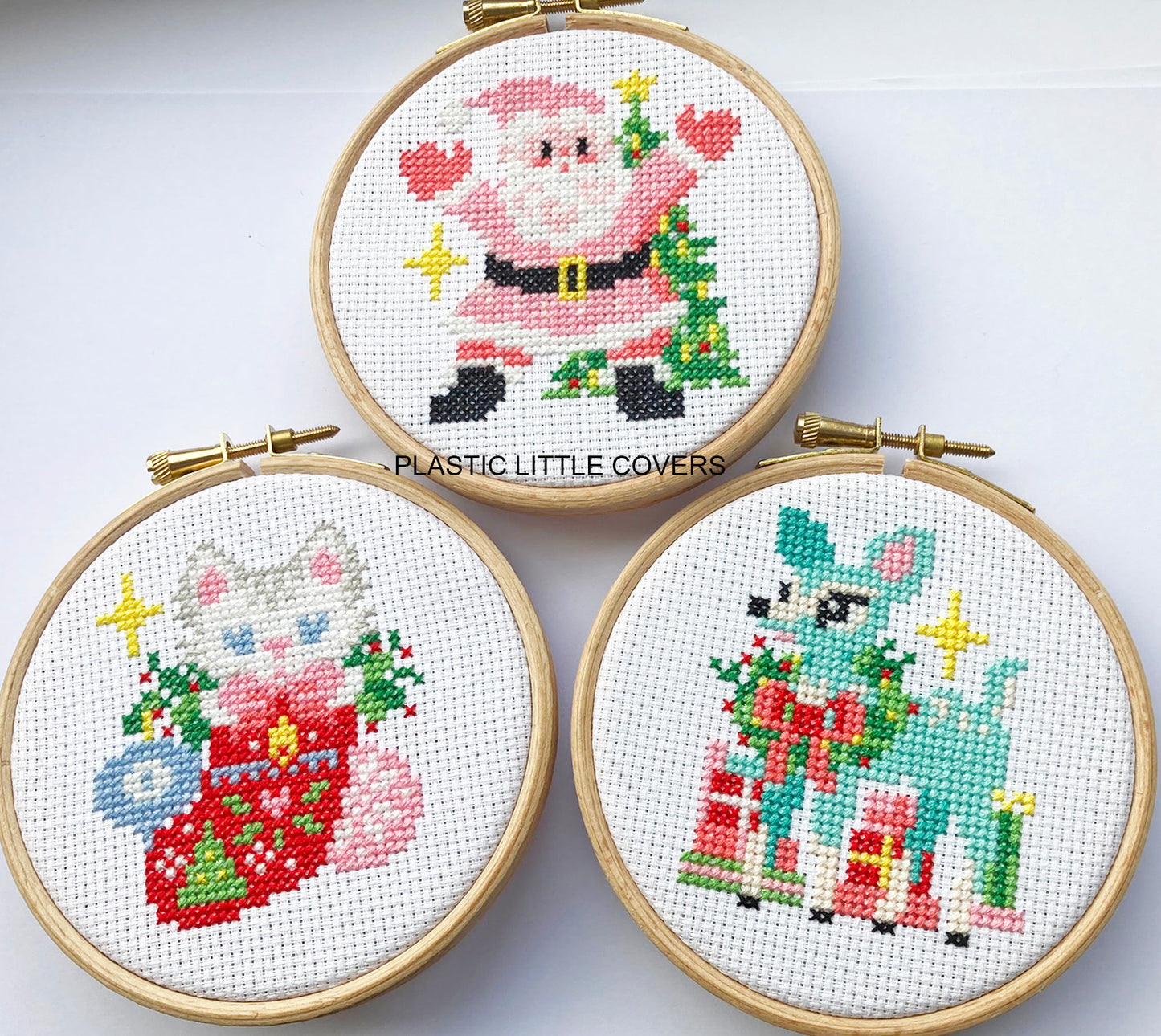 SECONDS SALE Cross Stitch Kit - Choose Pink Santa, Christmas Kitten or Festive Deer