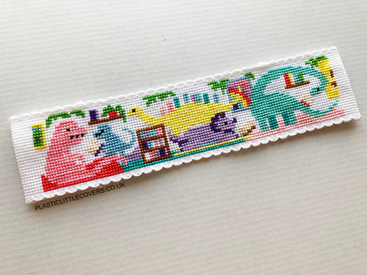 SECONDS SALE Cross Stitch Bookmark Kit - Dinosaur Library.