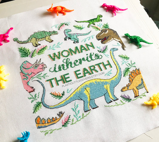 Woman Inherits the Earth - Dinosaur Cross Stitch Pattern PDF.