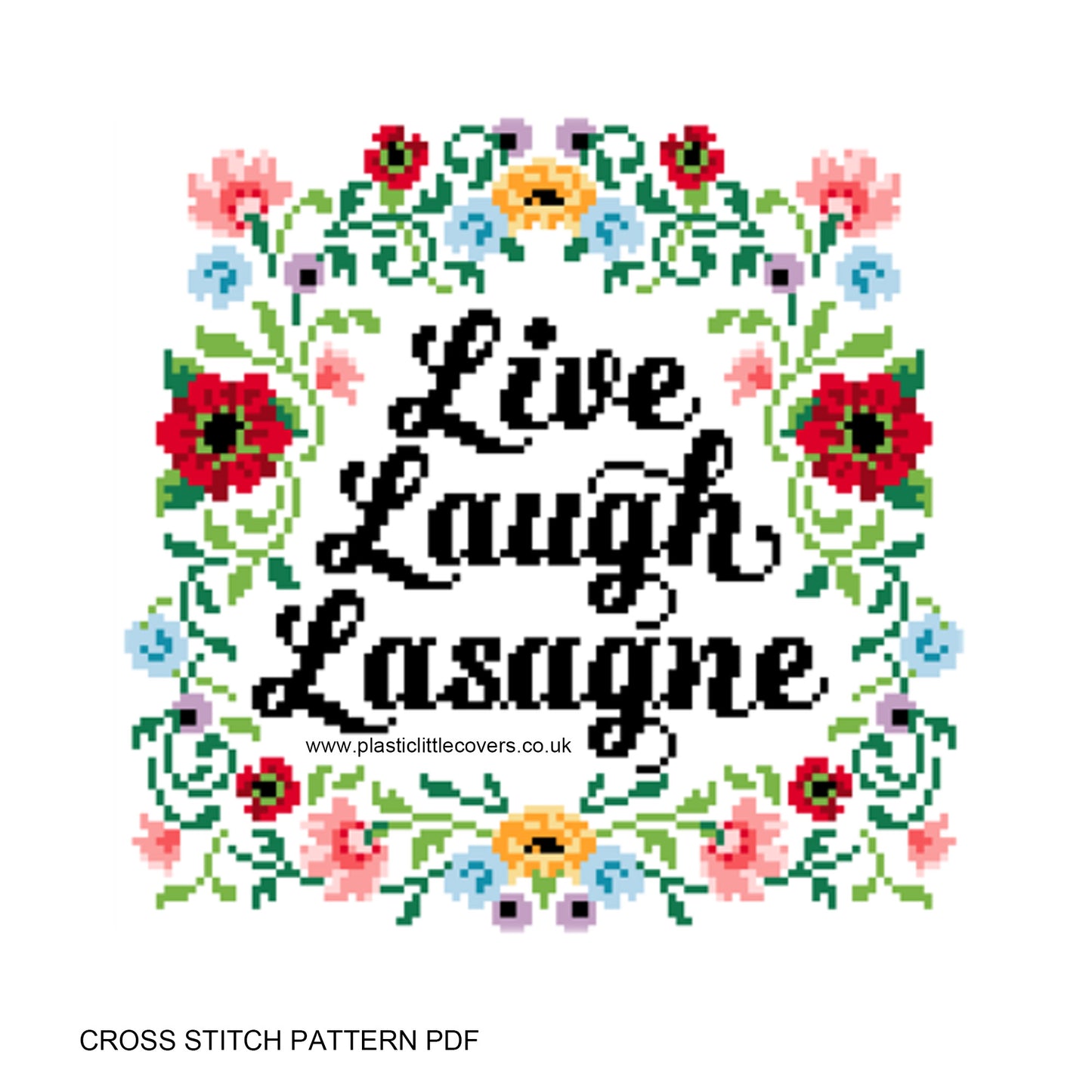 Live, Laugh, Lasagne - Cross Stitch Pattern PDF.